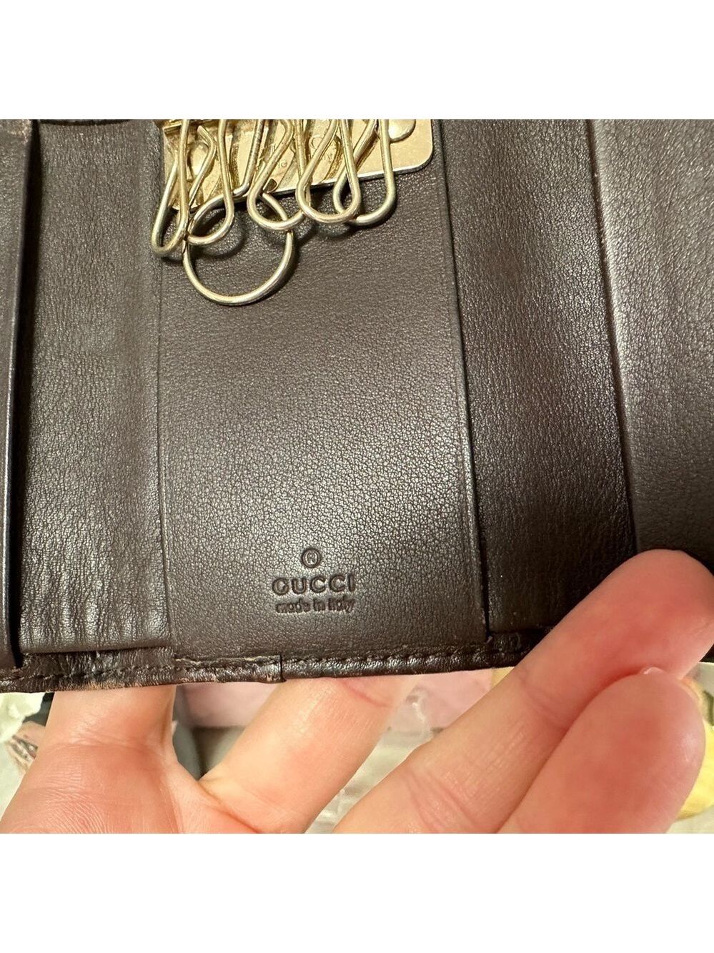 AUTHENTIC GUCCI SHIMA GG LOGO BROWN LEATHER 6 RING KEYCASE TRIFOLD WALLET - Picture 9 of 15